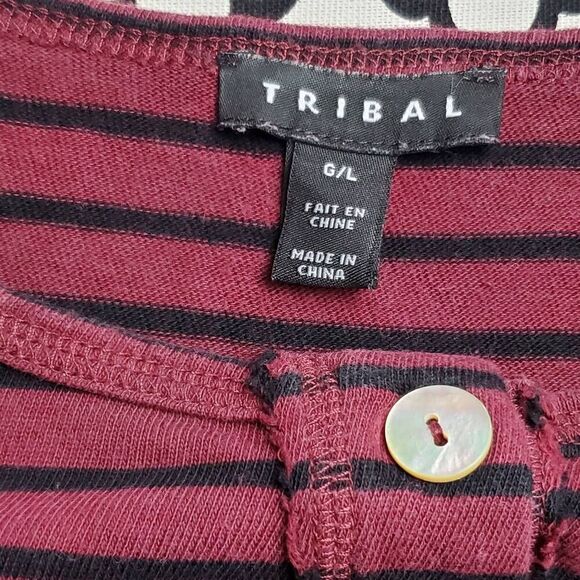 Tribal Women’s Burgundy Black Striped Henley Long Sleeve Top Size L Button Front - Picture 4 of 5